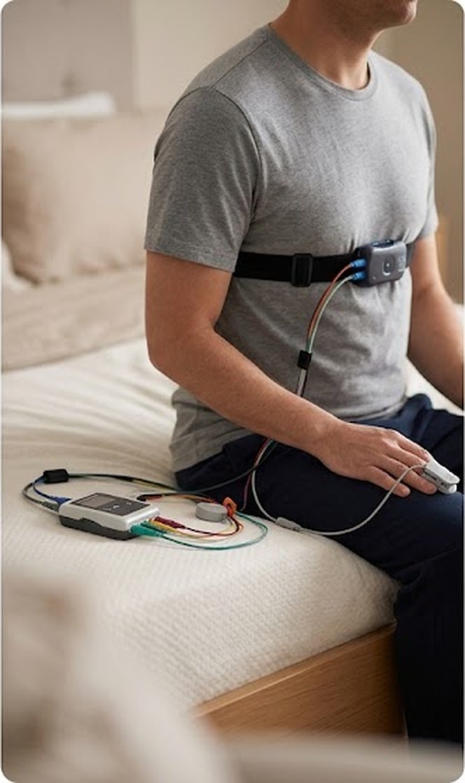 A patient on a bed wearing a home sleep test chest belt and finger sensor