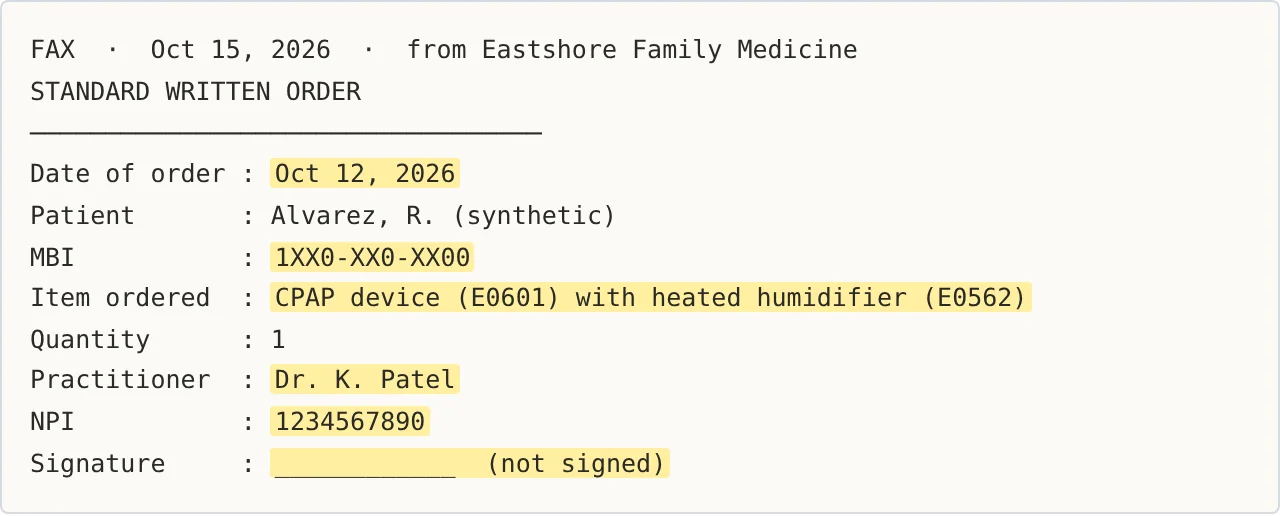 A faxed order with the signature line highlighted