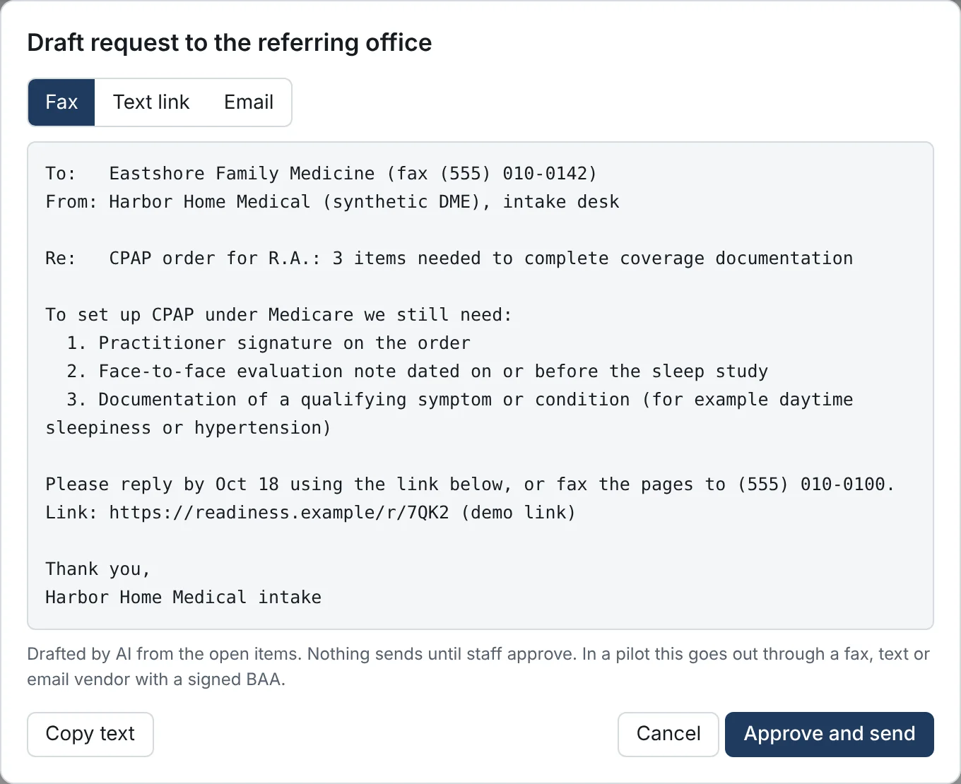 A drafted request to the referring office listing each missing item